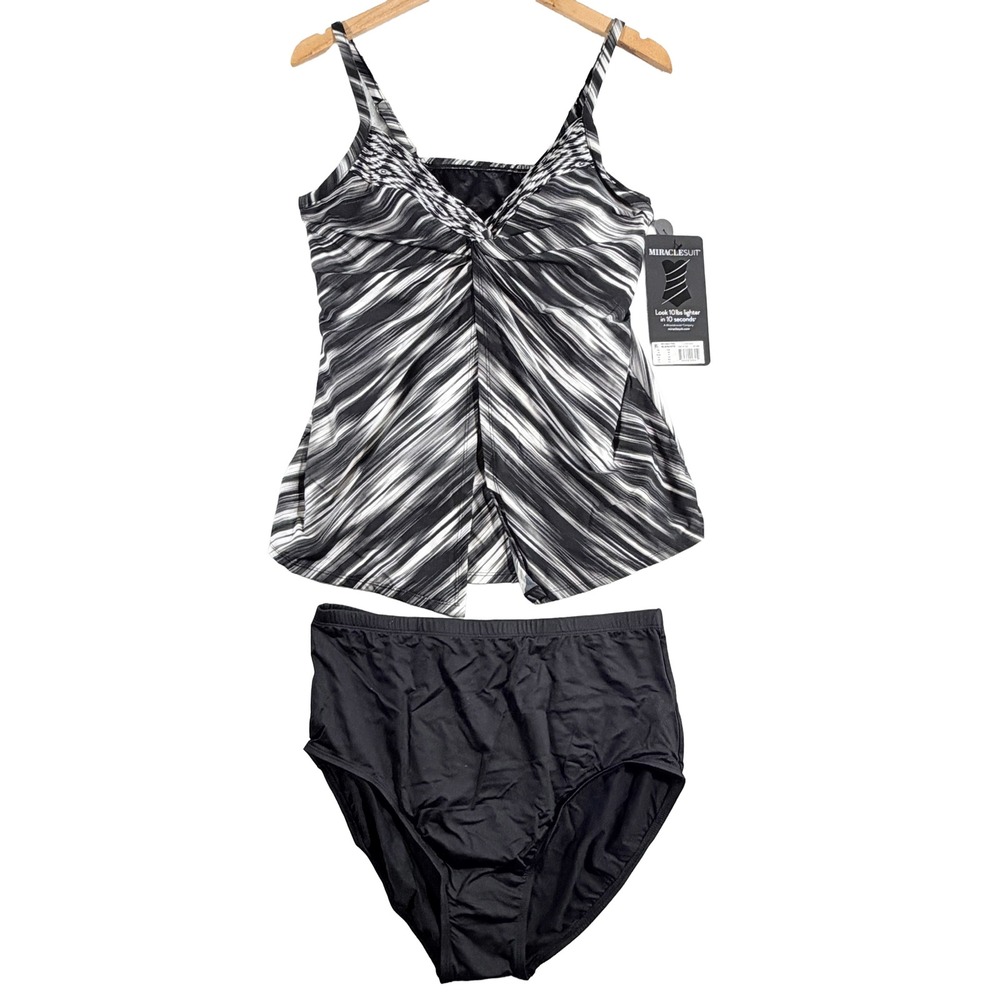 Miraclesuit Swimwear Women 16DD Love‎ Knot Tankini Set Black White New